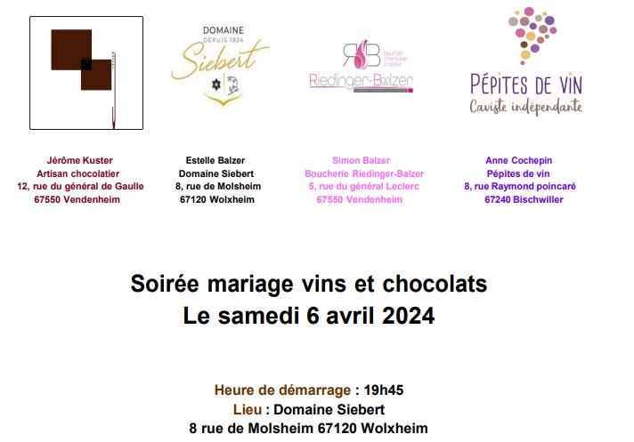 Soirée Mariage vins et chocolats : samedi 6 avril 2024 à 19h45